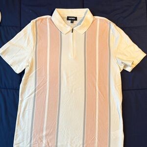 Express Men's Polo Shirt - Cream, Tan, and Gray Stripes
